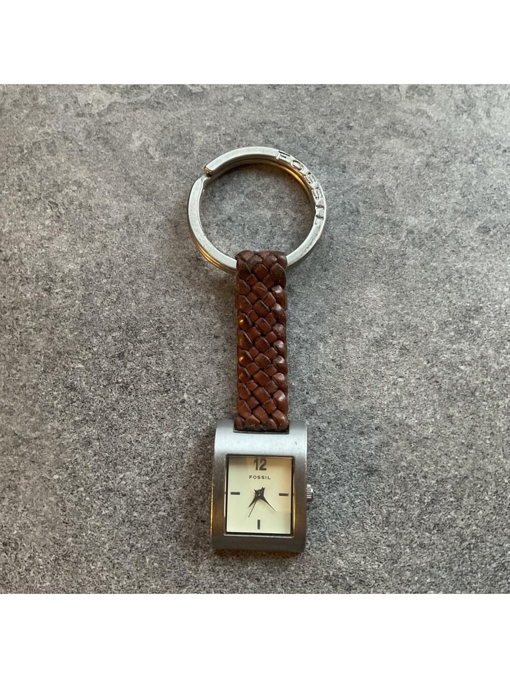 Vintage Fossil Keychain Watch 22mm Silver Tone Case W/Brown Leather Keychain R